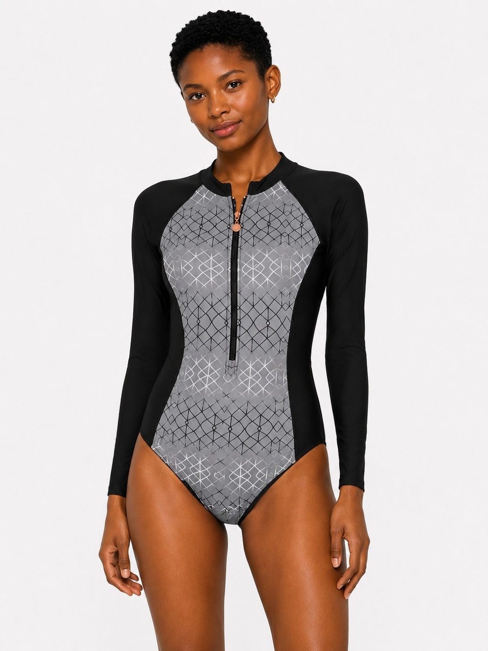 AS ROSE RICH Long-Sleeve Rash Guard Front Zip Swimsuit - Gray and Black SIZE MED